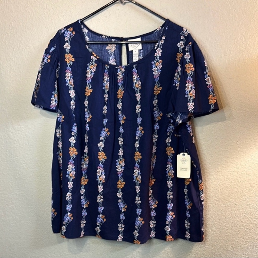 New St John’s Bay Blouse Women’s Navy Blue Floral Short Sleeve Classic Top 1X